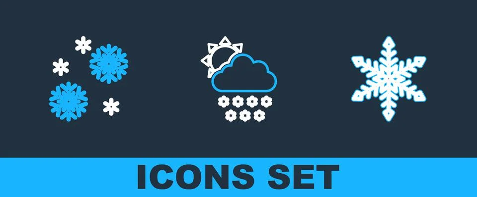 Set line Snowflake,  and Cloud with snow and sun icon. Vector Stock Illustration