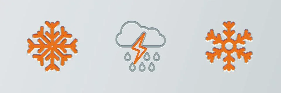 Set line Snowflake, and Cloud with rain and lightning icon. Vector Illustrazione stock