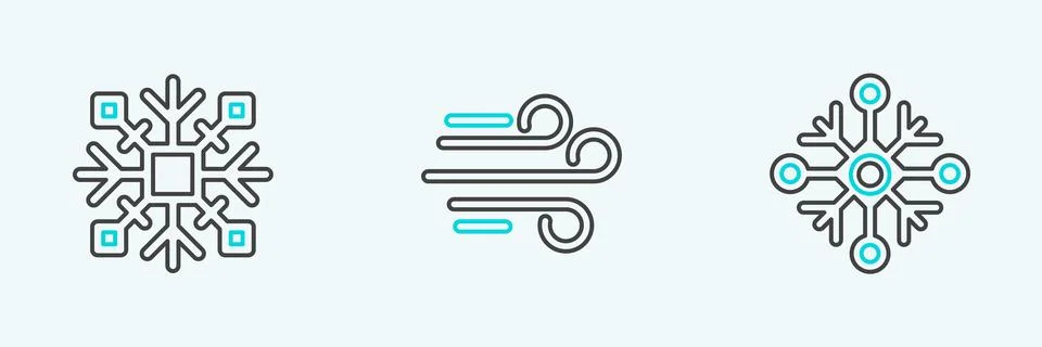 Set line Snowflake, and Wind icon. Vector Stock Illustration