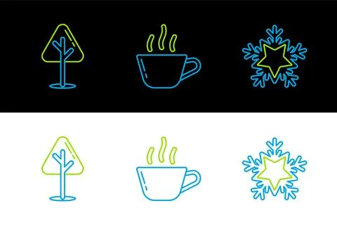 Set line Snowflake, Christmas tree and Coffee cup icon. Vector Stock Illustration
