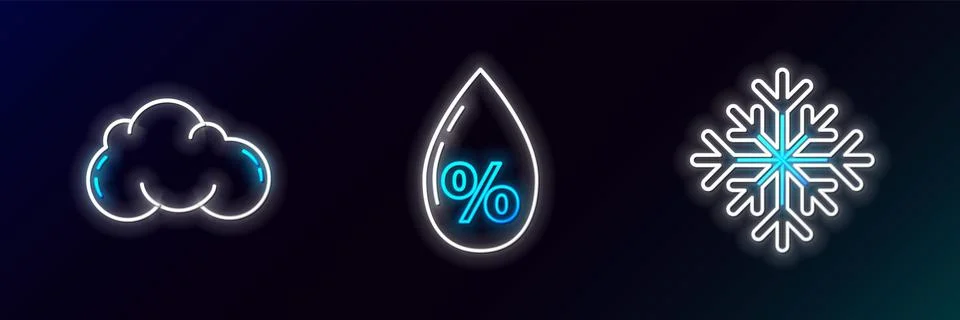 Set line Snowflake, Cloud and Water drop percentage icon. Glowing neon. Vecto 스톡 일러스트