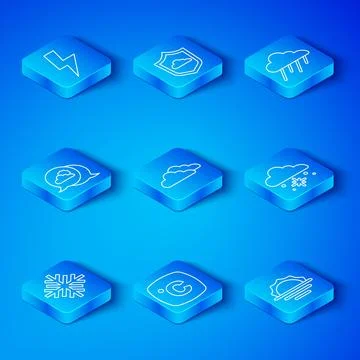 Set line Snowflake, Cloud, Celsius, with snow, rain, Location cloud, Lightn.. Stockillustratie