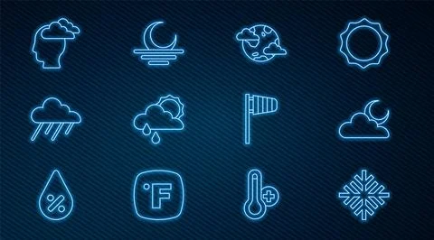 Set line Snowflake, Cloud with moon, Earth planet clouds, rain and sun, Man Ilustração Stock