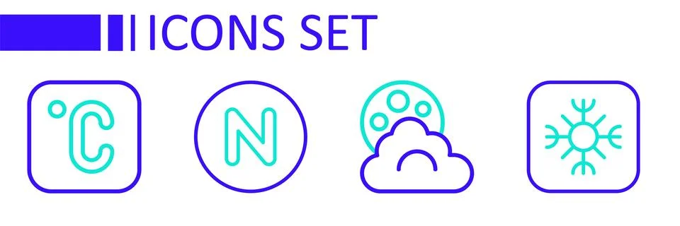 Set line Snowflake, Cloud with moon, Compass north and Celsius icon. Vector Stock Illustration