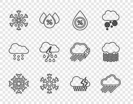 Set line Snowflake, Cloud with rain, Water drop percentage, and lightning,  a Illustrazione stock