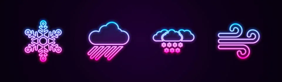 Set line Snowflake, Cloud with rain, snow and Wind. Glowing neon icon. Vector Stock Illustration