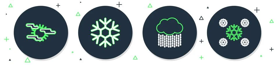 Set line Snowflake, Cloud with rain, Fog and sun and  icon. Vector Illustrazione stock