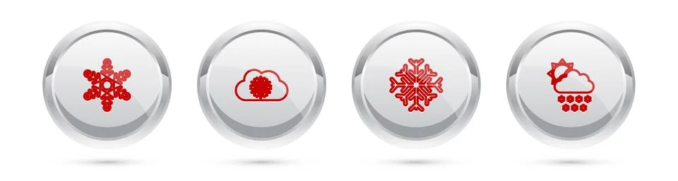 Set line Snowflake, Cloud with snow, and and sun. Silver circle button. Vector Stock Illustration