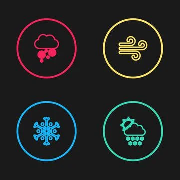 Set line Snowflake, Cloud with snow and sun, Wind and icon. Vector Stock Illustration