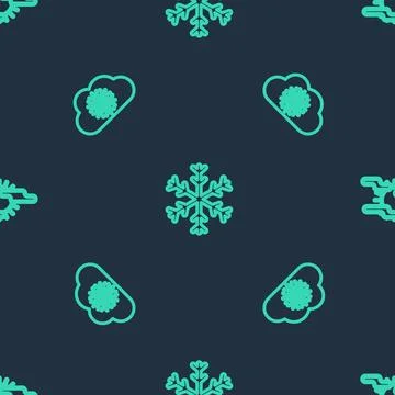 Set line Snowflake, Cloud with snow and Fog and sun on seamless pattern. Vect 스톡 일러스트