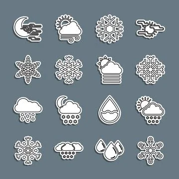 Set line Snowflake, Cloud with snow and sun, Fog moon and cloud icon. Vector Ilustração Stock