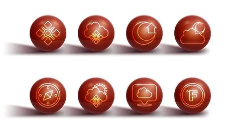 Set line Snowflake, Compass, Cloud with moon, Location cloud, snow and sun Illustrazione stock