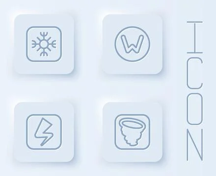 Set line Snowflake, Compass north, Lightning bolt and Tornado. White square b Stock Illustration