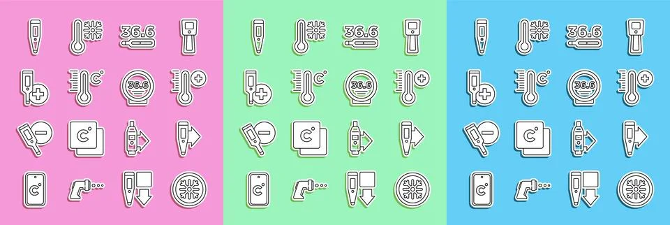 Set line Snowflake, Digital thermometer, Meteorology, Medical,  and  icon. .. Stock Illustration