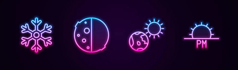 Set line Snowflake, Eclipse of the sun, Earth globe and and Sunset. Glowing neon 스톡 일러스트