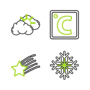 Set line Snowflake, Falling star, Celsius and Sun and cloud weather icon. Vec 스톡 일러스트