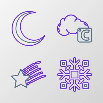 Set line Snowflake, Falling star, Celsius and cloud and Moon stars icon. Vector Stock Illustration