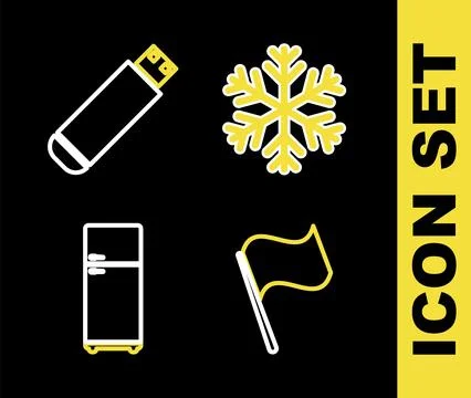 Set line Snowflake, Flag, Refrigerator and USB flash drive icon. Vector 스톡 일러스트