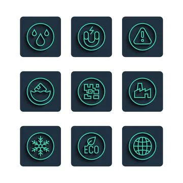 Set line Snowflake, Leaf Eco symbol, Social network, Exclamation mark in Stock Illustration