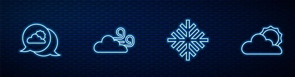 Set line Snowflake, Location cloud, Windy weather and Sun and. Glowing neon icon Stock Illustration