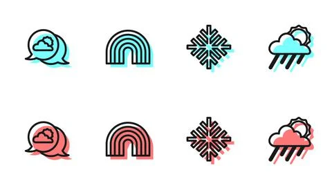 Set line Snowflake, Location cloud, Rainbow and Cloud with rain and sun icon Stock Illustration