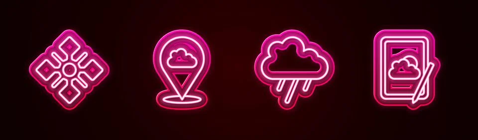 Set line Snowflake, Location cloud, Cloud with rain and Weather forecast Illustrazione stock