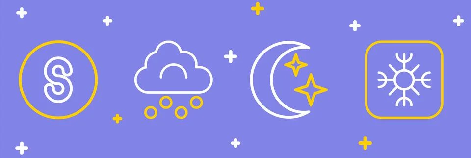 Set line Snowflake, Moon and stars, Hail cloud and Compass south icon. Vector Stock Illustration