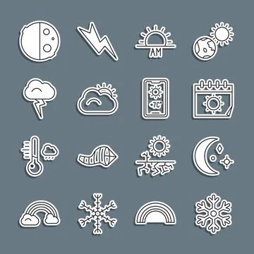 Set line Snowflake, Moon and stars, Calendar sun, Sunrise, cloud, Storm, Ec.. Stock Illustration