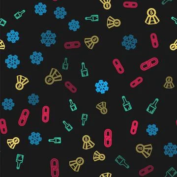 Set line Snowflake, Paint brush, Medal and Chain link on seamless pattern Stock Illustration