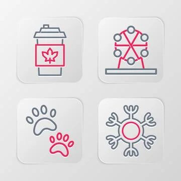 Set line Snowflake, Paw print, Ferris wheel and Coffee cup to go icon. Vector Stock Illustration