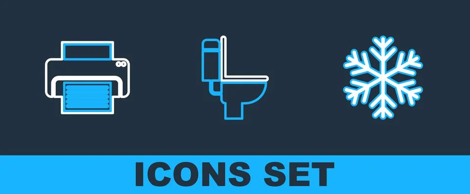 Set line Snowflake, Printer and Toilet bowl icon. Vector 스톡 일러스트