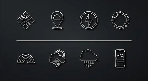 Set line Snowflake, Rainbow, Sun, Cloud with rain, snow and sun, Location c.. Stock Illustration