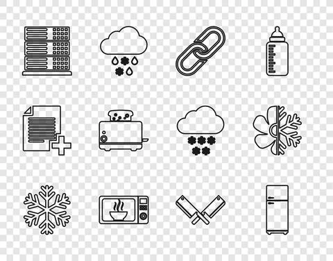 Set line Snowflake, Refrigerator, Chain link, Microwave oven, Server, Data, Web Stock Illustration