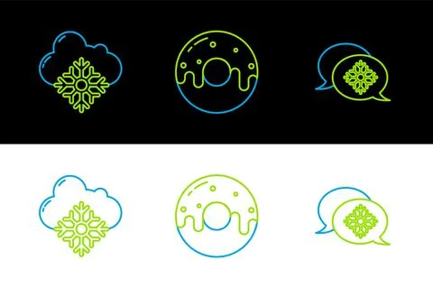 Set line Snowflake with speech bubble, Cloud snow and Donut sweet glaze icon Stock Illustration