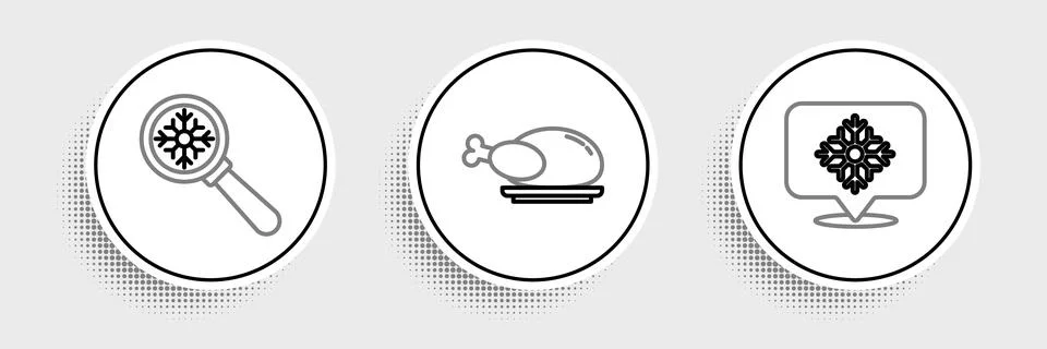 Set line Snowflake with speech bubble, Magnifying glass snowflake and Roast.. Ilustración de archivo