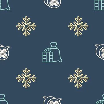 Set line Snowflake speech bubble,  and Santa Claus bag gift on seamless pat.. Stock Illustration
