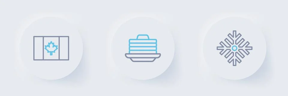 Set line Snowflake, Stack of pancakes and Flag Canada icon. Vector Stock Illustration