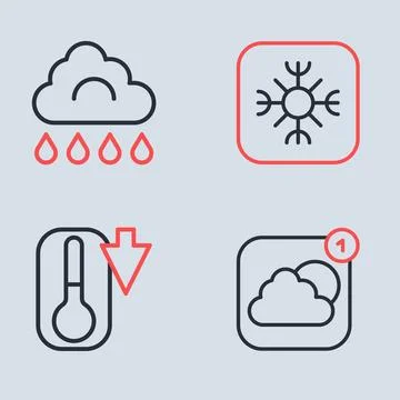 Set line Snowflake, Thermometer, Weather forecast app and Cloud with rain i.. Stock Illustration
