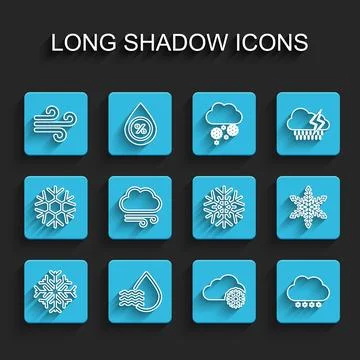 Set line Snowflake, Water drop percentage, Wind, Cloud with snow, Windy wea.. Stock Illustration