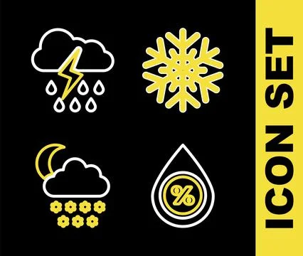 Set line Snowflake, Water drop percentage, Cloud with snow and moon and rai.. Stock Illustration