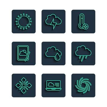 Set line Snowflake, Weather forecast, Tornado, Meteorology thermometer, Cloud Stock Illustration