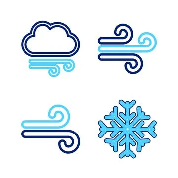 Set line Snowflake, Wind,  and Windy weather icon. Vector Stock Illustration