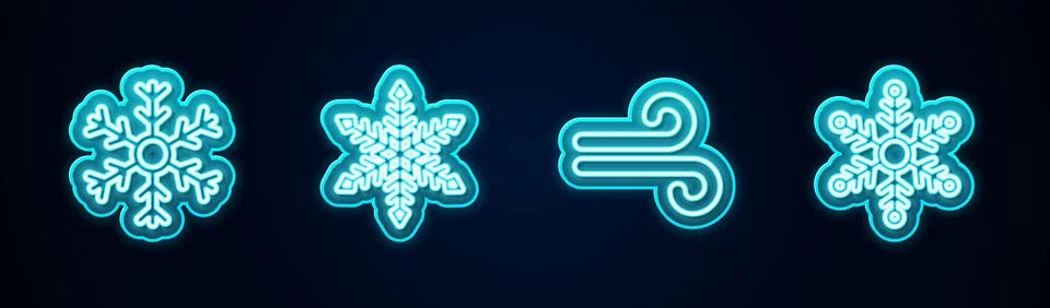 Set line Snowflake, , Wind and . Glowing neon icon. Vector Stock Illustration
