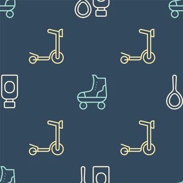 Set line Soap bubbles bottle Roller scooter and skate on seamless pattern. Ve Stock Illustration