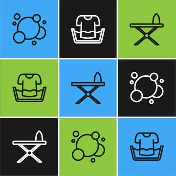 Set line Soap water bubbles, Iron and ironing board and Basin with shirt icon Stock-Illustration