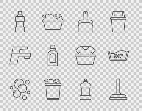 Set line Soap water bubbles, Rubber plunger, Dustpan, Bucket with foam, Bottle Stock Illustration