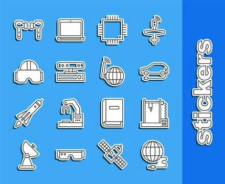 Set line Social network, 3D printer, Electric car, Processor with microcirc.. Illustrazione stock