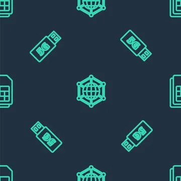 Set line Social network, 5G modem and Sim card on seamless pattern. Vector Illustrazione stock