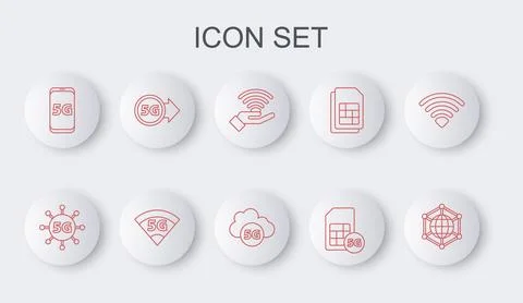 Set line Social network, 5G, Sim Card, Mobile with, and Cloud icon. Vector Stockillustratie