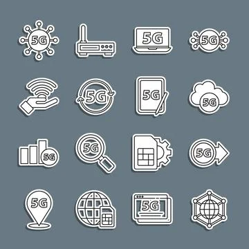 Set line Social network, 5G, Cloud, Laptop with,  and Graphic tablet icon. .. Stock Illustration